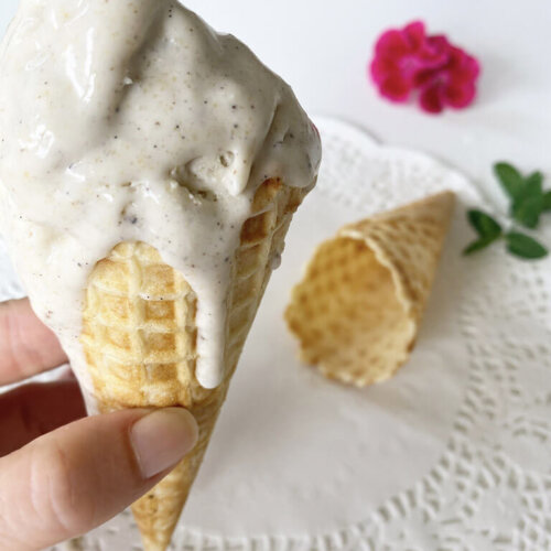 En hand som håller i en hemmagjord glass som är sockerfri och vegansk och gjord med glassmaskin.
