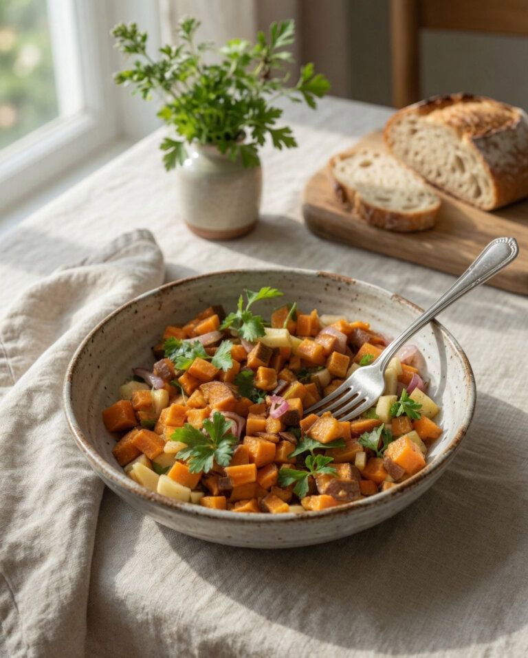 Vegansk Sötpotatissallad Med Dijon Och Äpple